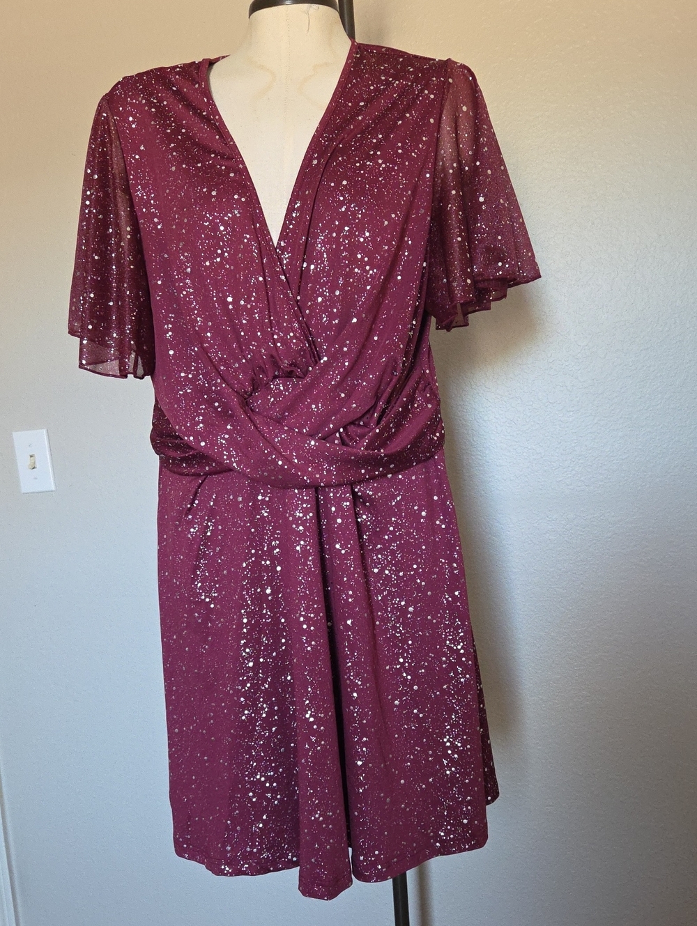 SHEIN Sparkle Wrap-Front Wine Mini Dress